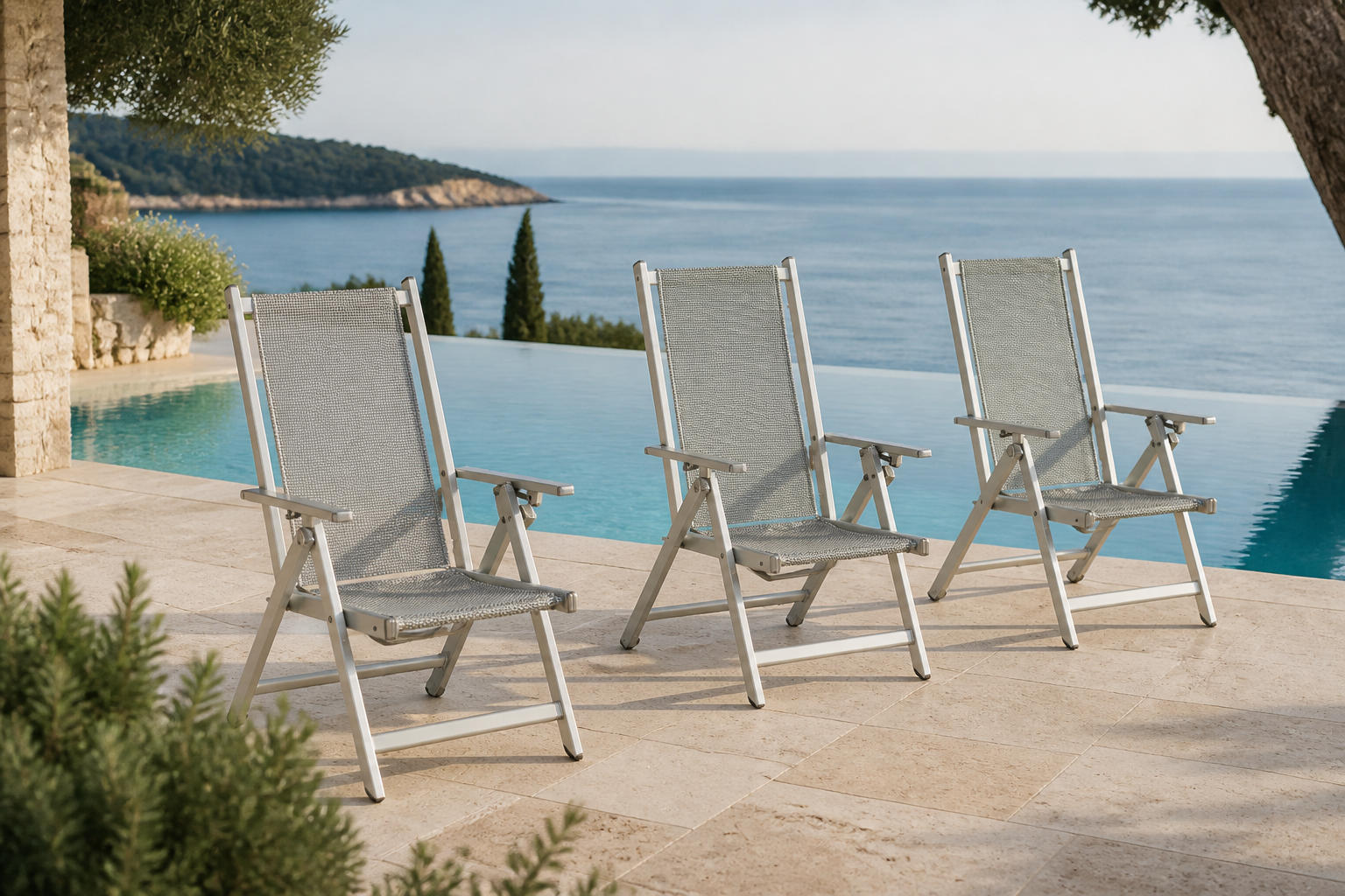 Tre sdraio Montecarlo Toscano Forme su una terrazza mediterranea con piscina
